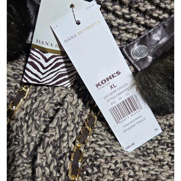 Dana Buchman Brown Chunky Knit Faux Fur Detach Collar Cardigan Gold XL NWT Lagen - Picture 9 of 10